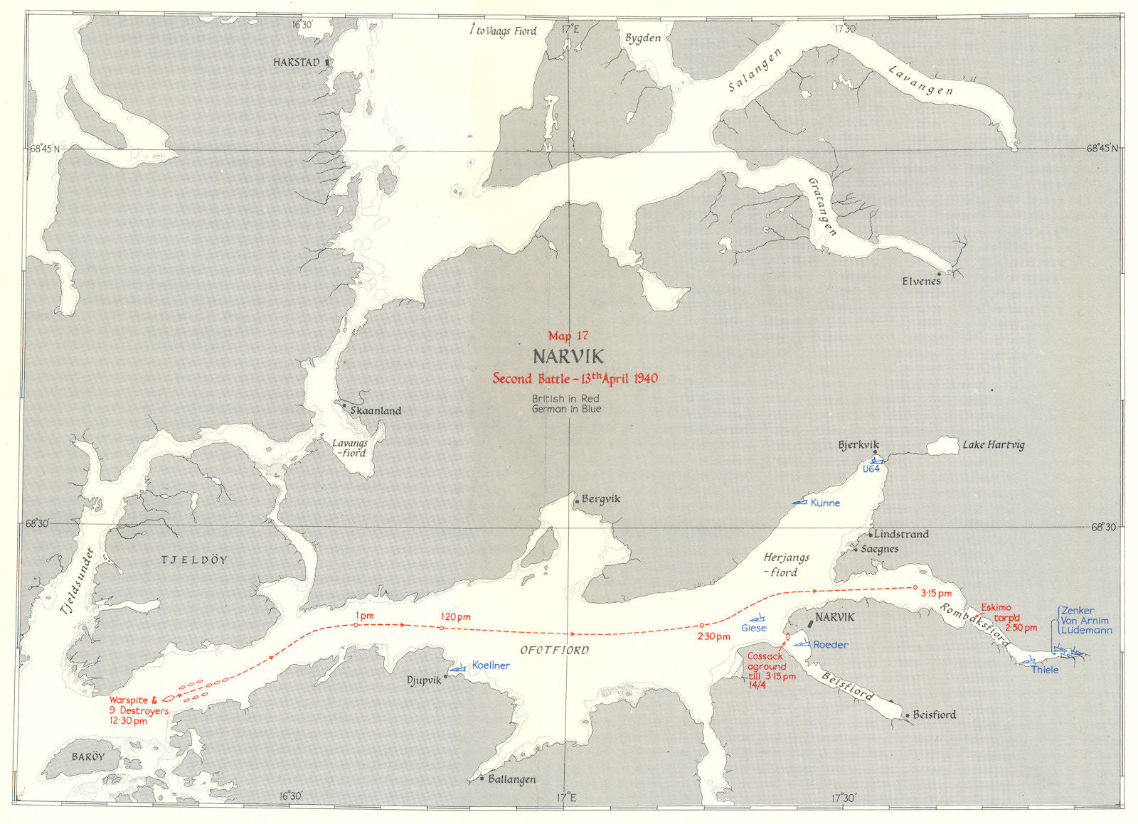 NORWEGIAN CAMPAIGN. Narvik Second Battle 13 April 1940 1954 old vintage map